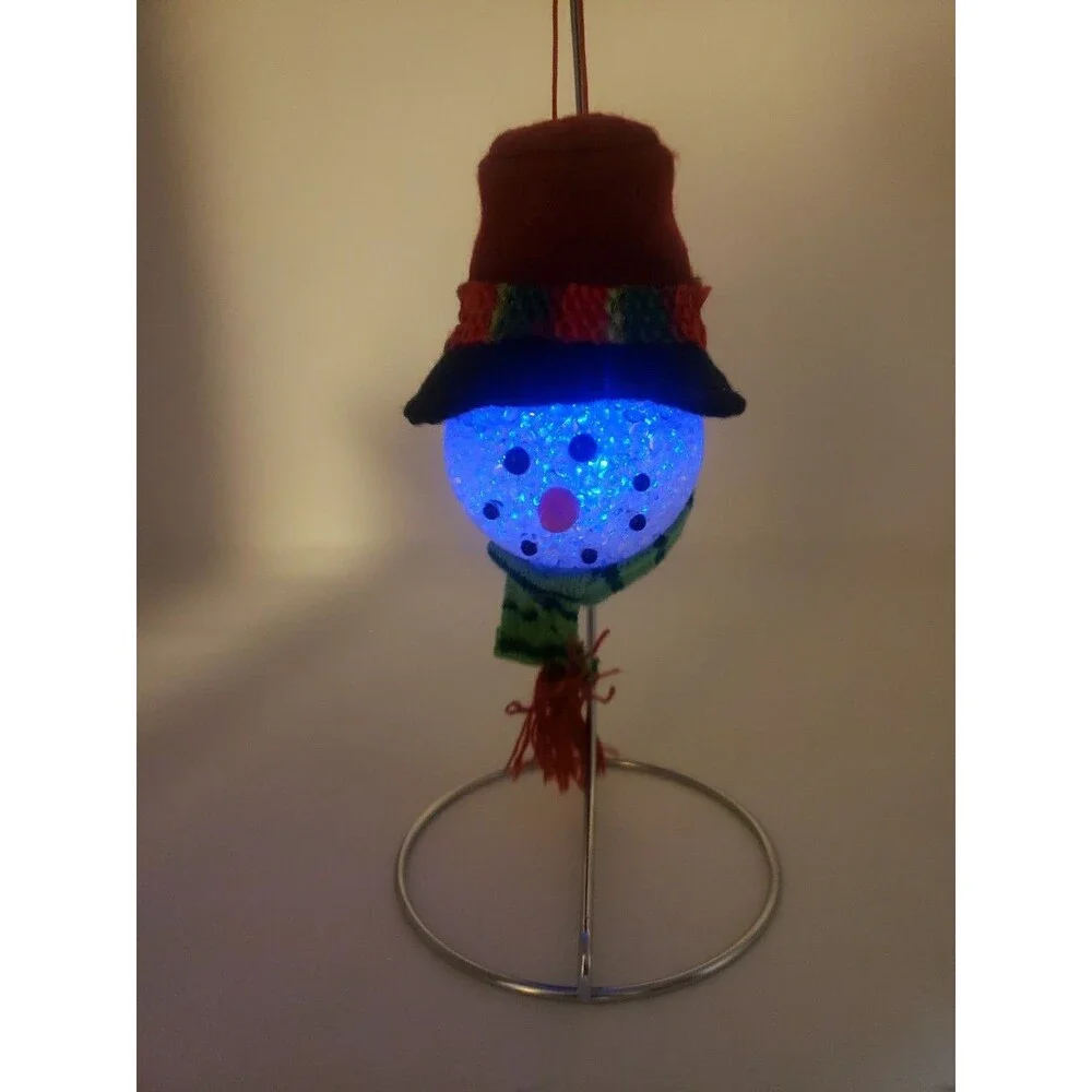 Melted Popcorn Snowman Head Ornament Light Up LED Color Changing Plastic Acrylic